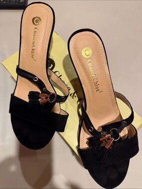 Chase + Chloe Black Suede Slide Mules with Tassel & Gold Accent